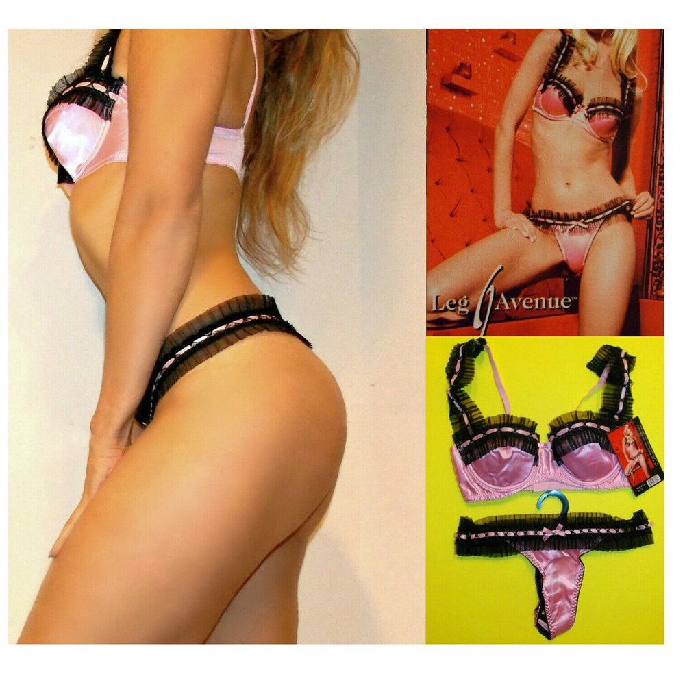 NWT Leg Avenue Chiffon Trim Balconette Bra and Thongs SET, S,M,L, Pink